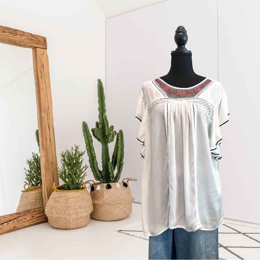 Sundance Ruffle Short Sleeve Sheer Embroidered Neckline Top